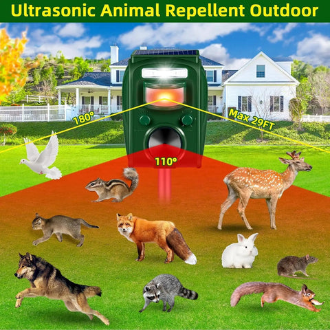 "Solar Ultrasonic Animal Repeller With Five Frequency Modes, Motion Sensor, And Strobe Light in garden setup showing range"