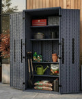 Heavy Duty Tall Outdoor Storage Cabinet 28 Cu Ft Garage Organizer With 4 Adjustable Shelves Lockable Double Doors Weatherproof 31W X 23L X 66H Sage Grey For Tools And Gear fully stocked on patio