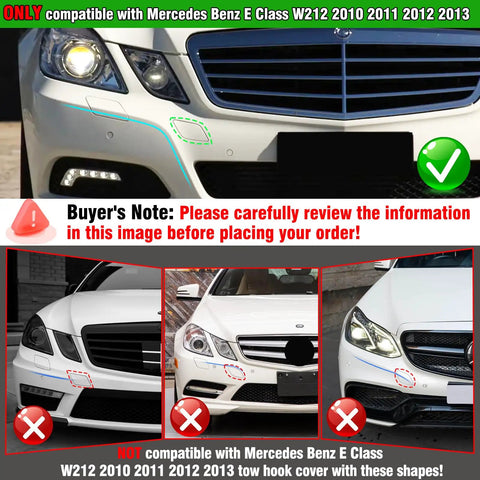 Mercedes Benz E Class W212 tow hook cover compatibility for 2010-2013 models, front bumper guide with correct placement check