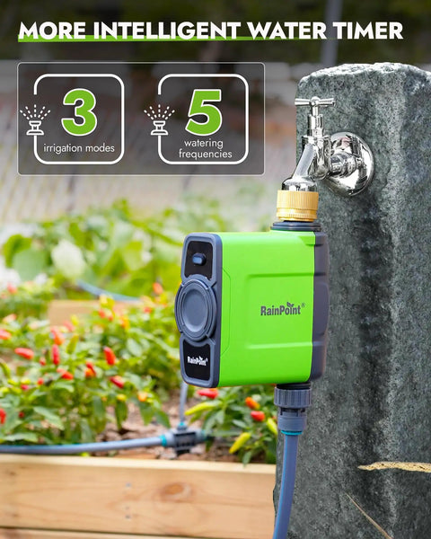 Smart WiFi Water Timer For Garden Hose With Brass Inlet Sprinkler Controller attached to outdoor faucet, garden background
