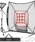 7x7 Ft Baseball And Softball Hitting And Pitching Net With Strike Zone Tee Ball Caddy And Durable 7 Ply Knotless Netting Heavy Duty Steel Base Built To Take Hard Hits For Kids Teens And Adults Practice