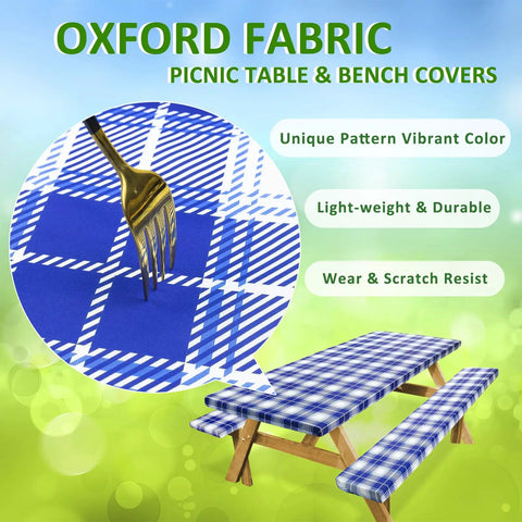 Picnic Table Cover With Bench Covers Set Includes 1 Table Cover And 2 Bench Covers 72 Inch Navy Blue Outdoor Tablecloth Waterproof And Windproof The Must Have Camping Gear For Picnics RV Or Camper With Drawstring Storage Bag showing plaid design and fork test on fabric.