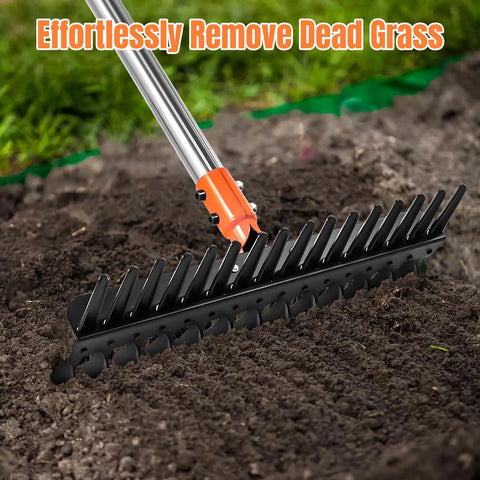 Pro Grade Lawn Dethatcher And Soil Aerator with 57 inch handle and 15 inch steel tines in soil for lawn cleanup