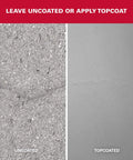 Comparison of uncoated gray concrete surface with visible cracks and topcoated smooth finish using No Sweat Gray Concrete Crack Filler.