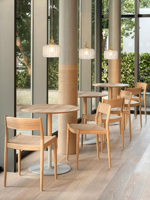 Two Pack Vintage Pendant Lights With Clear Striped Glass Shades And Slick Brass Finish Adjustable Hanging Fixtures For Kitchen Island Or Dining Room Featuring Warm Glowing Led Bulbs That Are Gonna Hit Different above wooden tables in a modern dining area.
