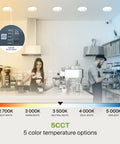 Canless LED Downlight 9/10 Inch 5 CCT 2700K-5000K shown in kitchen setting with switch for color temperature selection.