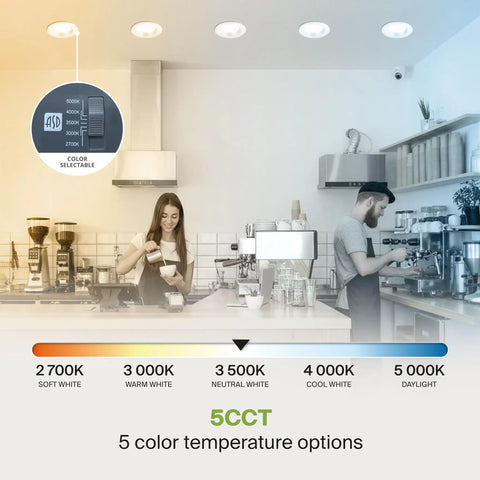 Canless LED Downlight 9/10 Inch 5 CCT 2700K-5000K shown in kitchen setting with switch for color temperature selection.