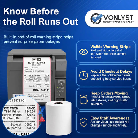 Three Eighths Inch By 230 Feet Thermal Receipt Paper Rolls BPA Free For High Speed POS Printing instruction graphic