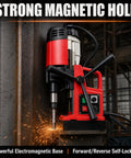 Heavy Duty Portable Magnetic Drill Press Built Tough For Daily Grind 1400 Watt Motor Delivers Serious Punch Plus Six Piece Annular Cutter Set With Rock Solid Electromagnetic Base For Smooth Two Inch Boring Anywhere, Sparks flying during drilling.