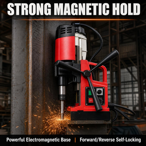Heavy Duty Portable Magnetic Drill Press Built Tough For Daily Grind 1400 Watt Motor Delivers Serious Punch Plus Six Piece Annular Cutter Set With Rock Solid Electromagnetic Base For Smooth Two Inch Boring Anywhere, Sparks flying during drilling.