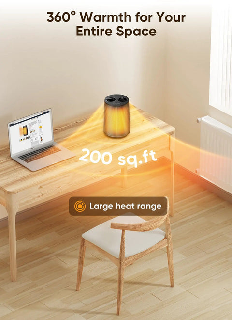 Portable 1500W Space Heater With PTC Ceramic Heating on desk, warming 200 sq ft office space, compact black unit, quiet fan modes.