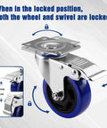 Front view of a 4-inch swivel caster with mounting plate; blue polyurethane wheel and brake lever.