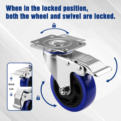 Front view of a 4-inch swivel caster with mounting plate; blue polyurethane wheel and brake lever.