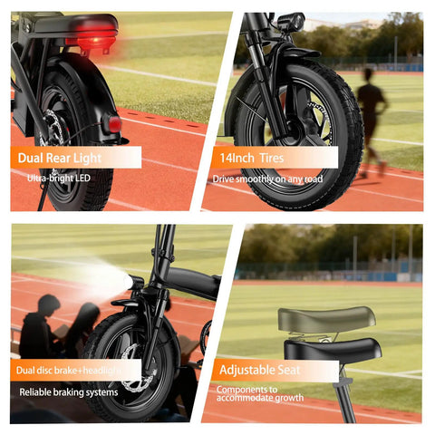 Compact Foldable 14 Inch Electric Bike For Adults With 500W Motor rear light, tires, brakes, and seat details