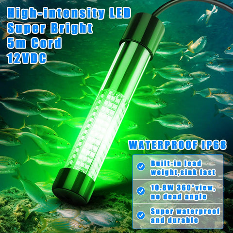 Two Pack 12V 10W Green Underwater Fishing Light Submersible LED Lure Attracting Lamp in water, illuminating fish.