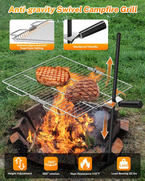 Portable Campfire Grill Grate For Fire Pit Foldable Stainless Steel With Height Adjustable Legs shown over a fire pit