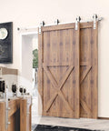 Brushed Nickel Bypass Sliding Barn Door Hardware Kit For Two Doors, 6.6ft Flat Track, classic roller design installed view
