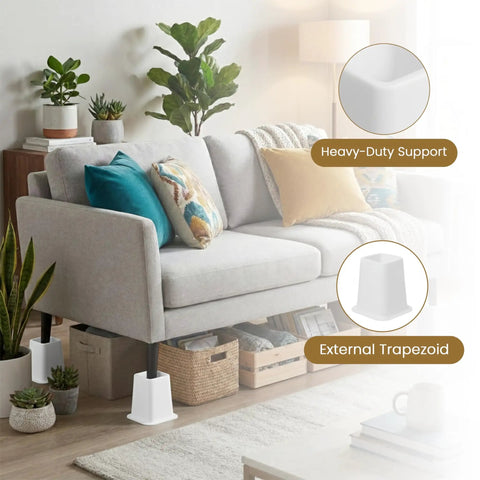 No Sweat Heavy Duty 6 Inch Bed Risers Set Of 4 White Stackable Furniture Boosters under a sofa, providing heavy-duty support.