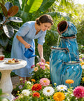 Outdoor Ceramic Water Fountain With 4 Tier Pots Turquoise Ocean Wave Texture 29 Inch Garden Centerpiece in flower garden.