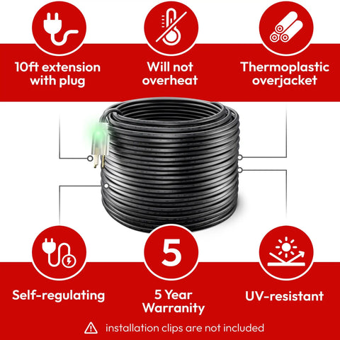 RoofMate Self Regulating Roof Heating Cable And Gutter Heat Tape With 10ft Cold Lead, Thermoplastic Overjacket, UV-resistant