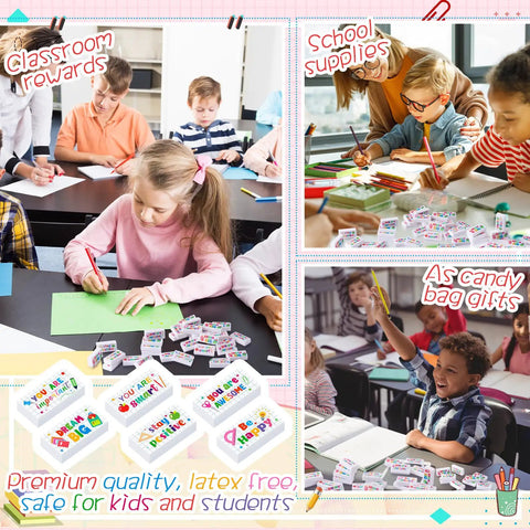 180 Piece Motivational Erasers Bulk For Kids And Classroom Use With Six Uplifting Designs on desks in classroom