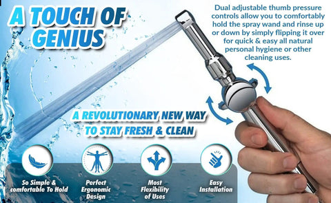 Aquaus 360 All Brass Handheld Bidet Sprayer for Toilet with ergonomic dual thumb controls in hand showing water spray