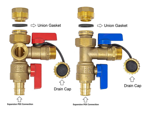 Expansion PEX A Tankless Water Heater Isolation Valve Kit With Pressure Relief Valve Three Quarter Inch FNPT To Expansion PEX A Service Valve For Rheem Rinai Navien DIY Friendly Easy Install Brass