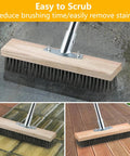 65 Inch Long Handle Deck Scrub Brush With Dense Stainless Steel Bristles For Moss Grime And Algae Removal On Concrete Patio Driveway Garage Pool And Tile Surfaces, shown in use on outdoor tiles and wooden surfaces