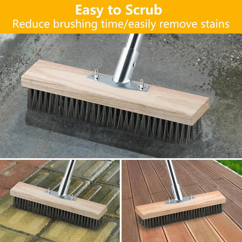 65 Inch Long Handle Deck Scrub Brush With Dense Stainless Steel Bristles For Moss Grime And Algae Removal On Concrete Patio Driveway Garage Pool And Tile Surfaces, shown in use on outdoor tiles and wooden surfaces