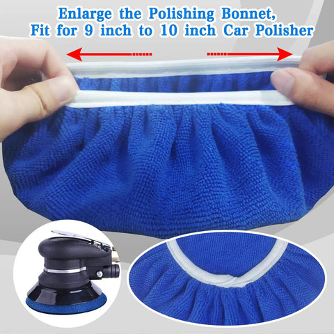 Hands holding blue microfiber bonnet for 9-10 inch orbital buffer, part of 12 Piece Buffing Bonnets Kit For 9 To 10 Inch Orbital Buffer Polisher