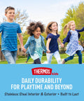 Kids running outdoors enjoying activities, showcasing the durability of the Insulated Kids Food Jar With Spoon 10 Oz Stainless Steel Vacuum Container Keeps Meals Hot Up To Five Hours And Snacks Cold All Day Pink Bpa Free Lunch Box Essential Mom Tested Dad Approved Kid Vetted Lunchbox Legend Game Changer.