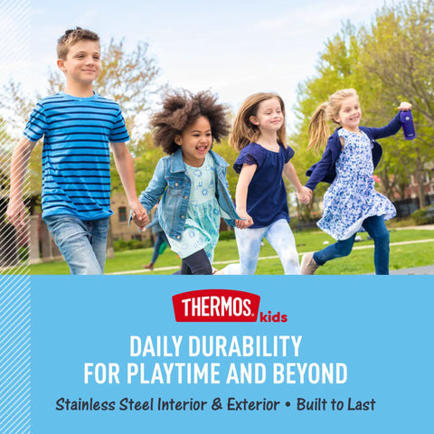 Kids running outdoors enjoying activities, showcasing the durability of the Insulated Kids Food Jar With Spoon 10 Oz Stainless Steel Vacuum Container Keeps Meals Hot Up To Five Hours And Snacks Cold All Day Pink Bpa Free Lunch Box Essential Mom Tested Dad Approved Kid Vetted Lunchbox Legend Game Changer.