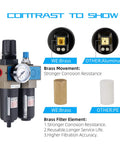 Half Inch NPT Air Filter Regulator Lubricator FRL, brass element shown with comparison to aluminum and PE materials.
