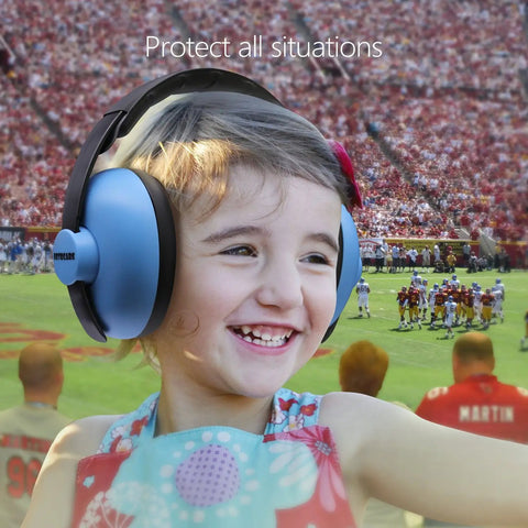 Child wearing Baby Ear Protection Headphones with Noise Canceling Earmuffs for Infants Ages 3 Months to 3 Years Blue at outdoor event