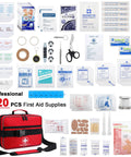 Poygik Premium 420-Piece Large First Aid Kit with red carrying bag and assorted medical supplies.