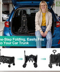 Lightweight Folding Wagon Cart With 350 Lb Capacity For Groceries Camping Gear Garden And Beach Trips Portable Foldable Utility Cart In Black For Everyday Hauling At The Park Farmers Market Or Job Site shown folded in a car trunk.