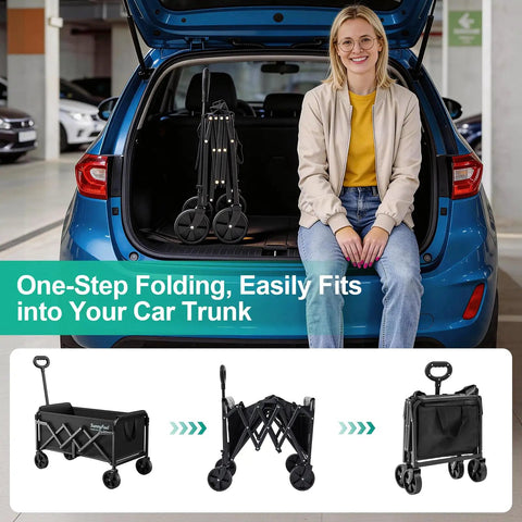 Lightweight Folding Wagon Cart With 350 Lb Capacity For Groceries Camping Gear Garden And Beach Trips Portable Foldable Utility Cart In Black For Everyday Hauling At The Park Farmers Market Or Job Site shown folded in a car trunk.