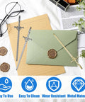 Six Piece Sword Letter Opener Set With Metal Mail Openers And Ergonomic Handles displayed with sealed envelope
