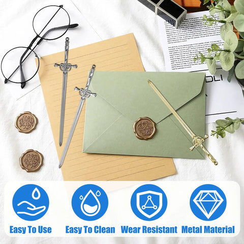 Six Piece Sword Letter Opener Set With Metal Mail Openers And Ergonomic Handles displayed with sealed envelope