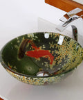 Koi And Lily Pond Glass Vessel Sink With Tempered Glass, 16.5 Inch Diameter By 5.75 Inch High, European Design, sleek countertop view