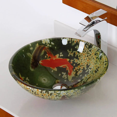 Koi And Lily Pond Glass Vessel Sink With Tempered Glass, 16.5 Inch Diameter By 5.75 Inch High, European Design, sleek countertop view