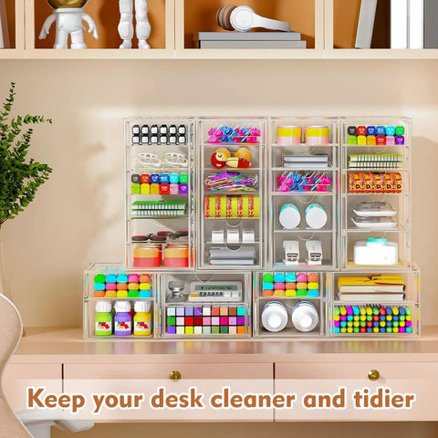 Clear Acrylic Thirteen Drawer Storage Makeup Organizer For Desk Bathroom Vanity Counter, organized with various colorful items.