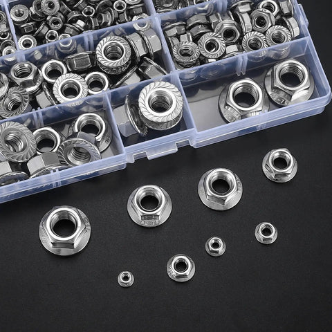 Pro Grade Stainless Steel Flange Nuts Kit With Serrated Hex Lock Nuts Assorted Metric Sizes M3 Through M12 130 Piece Set
