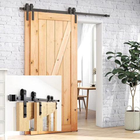 Premium J Shape Sliding Door Hardware Kit With Six Foot Carbon Steel Track And Nylon Rollers Built Rock Solid For Double Barn Doors Delivers Hella Smooth Daily Glides on wooden barn door.