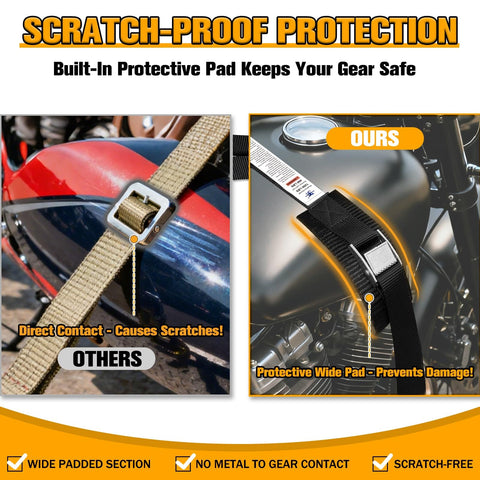 Comparison of motorcycle tie down straps with and without scratch-proof protection pad. 1 Inch By 10 Foot Motorcycle Tie Down Straps With Cam Buckle Quick Release 1200 Pound Break Strength For Dirt Bike ATV Truck Trailer 4 Pack Durable Easy To Use.