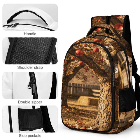 Autumn Apple Orchard Printed Unisex Backpack With Large Capacity showing handle, shoulder strap, double zipper, and side pockets.