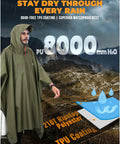 Hooded Rain Poncho for Adults Waterproof Lightweight All Weather Rain Jacket Alternative for Men and Women in Army Green, One Size.