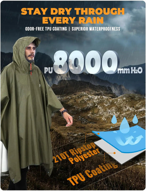 Hooded Rain Poncho for Adults Waterproof Lightweight All Weather Rain Jacket Alternative for Men and Women in Army Green, One Size.