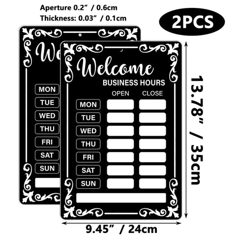 Two Pack Changeable Business Hours Signs For Doors And Windows With Six Time Stickers In Durable Black PVC Measuring 13.78 By 9.45 Inches Perfect For Coffee Shops Bars Cafes Restaurants Front Entrance Or Window Displays