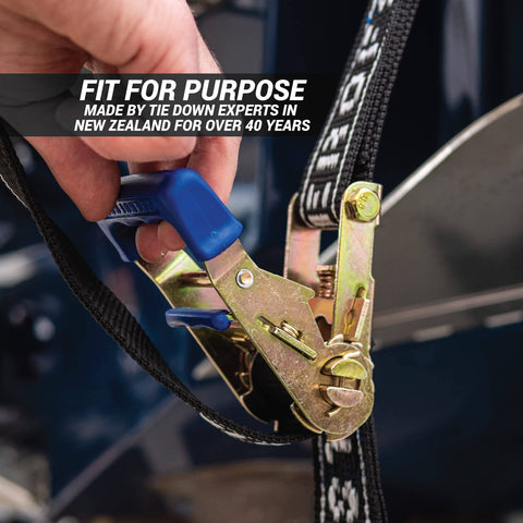 Rear Transom Boat Trailer Straps Ratchet Tie Downs 1.5 Inch By 4 Foot Heavy Duty Pair With PVC Hooks For Trailered Boats Pontoons And Jetskis 3,300 Lbs Break Strength Made In New Zealand close-up